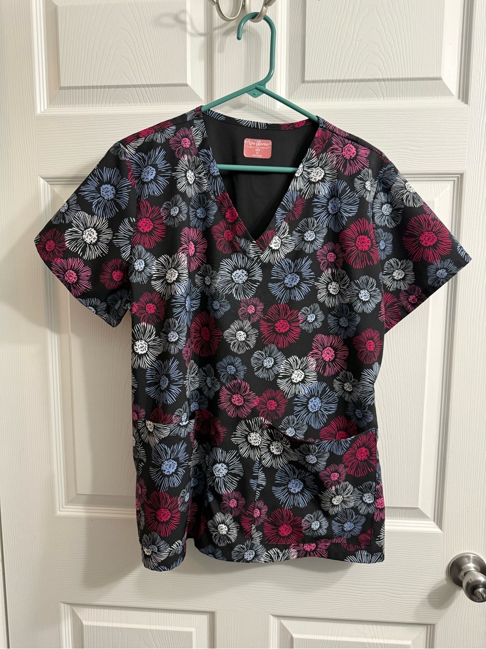 Blue Pink White Floral V-Neck Women’s Scrub Top